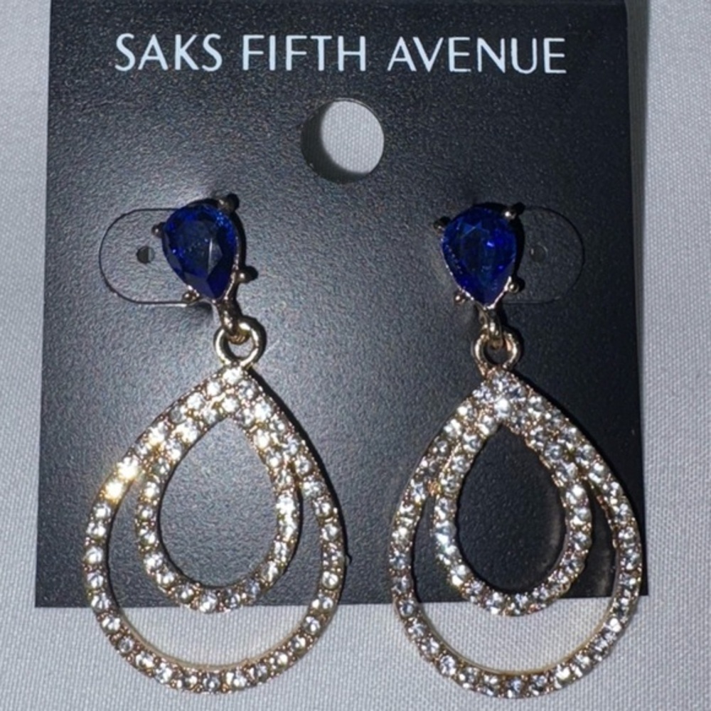 3/$40 Saks Fifth Avenue Blue and Crystal Hoop Dangle Earrings